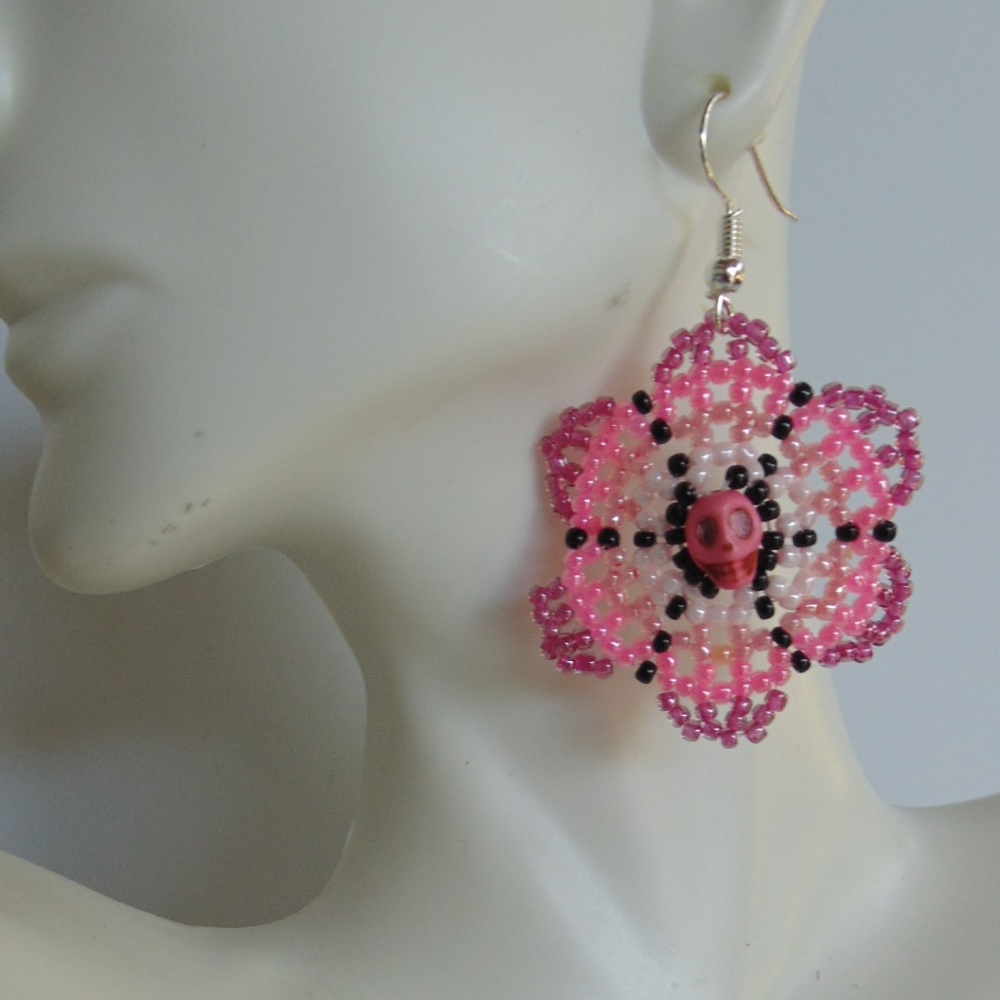 Sugar Skull Huichol Earrings, Sugar Skull Flower